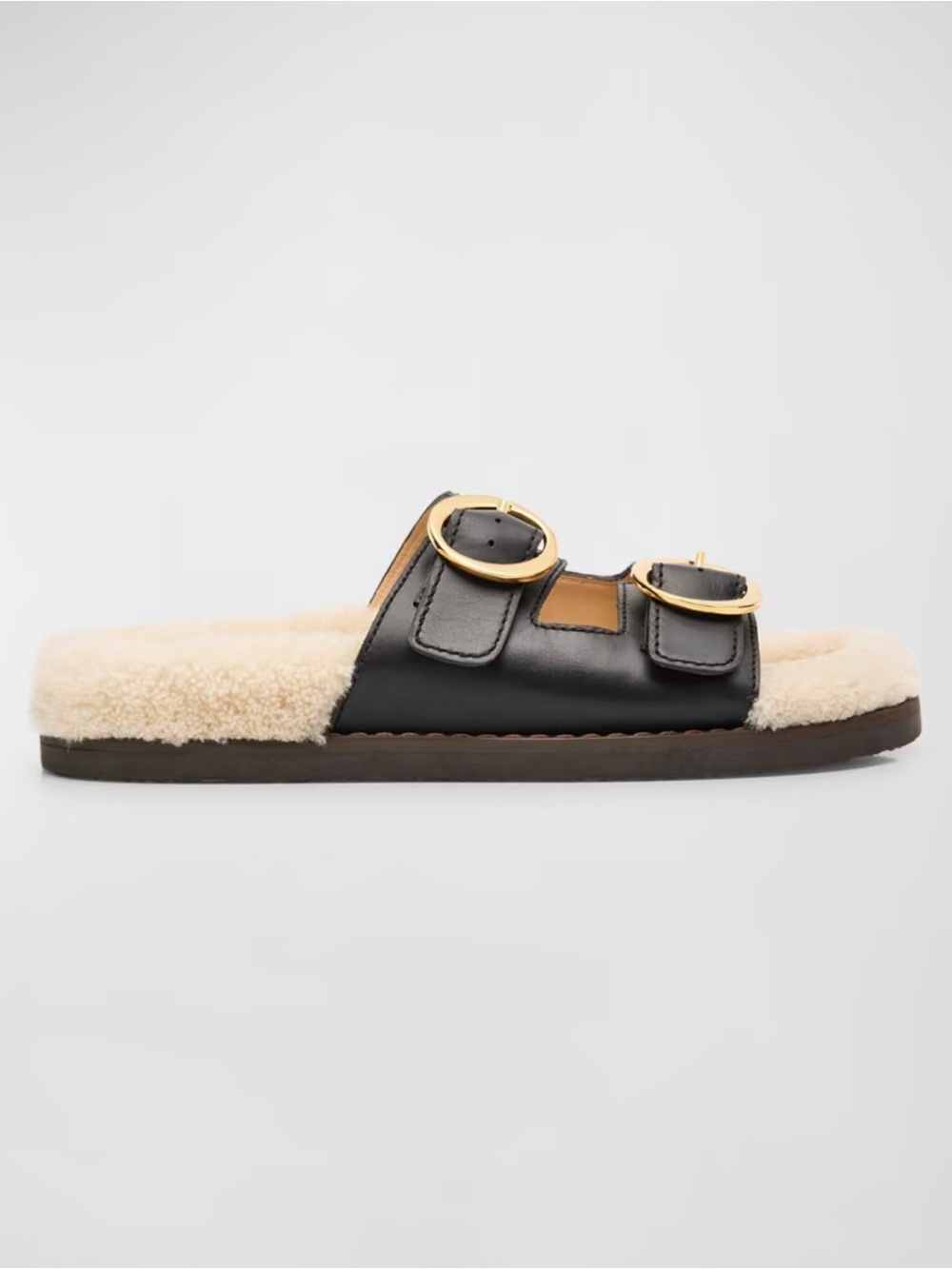 Odissi Yuki Black Leather Shearling Buckle Slide Sandals Size 38 New
